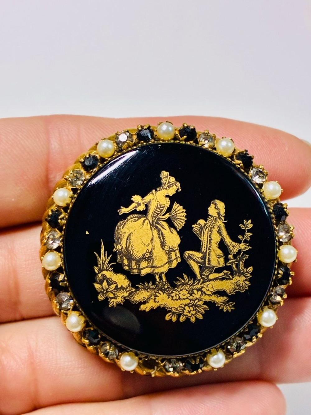 VTG Original By Robert Black and Gold Enamel Brooch with Pearls Courting Scene